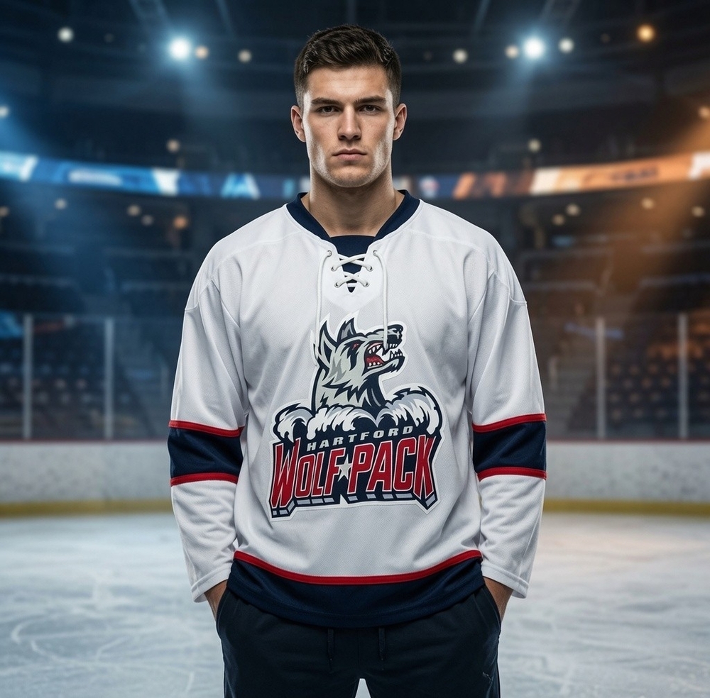 Hartford Wolf Pack AHL Hockey Jersey White Blue Red Polyester Youth Sz XL NWT